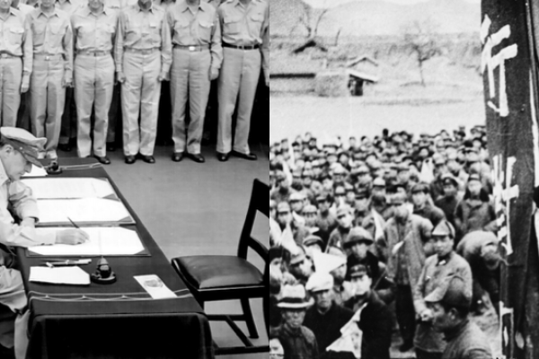 (L) General Douglas MacArthur signs the formal surrender on the USS Missouri in Tokyo Bay, September 2, 1945 (US Navy/Released) (R) Chinese communist guerrilla leader Mao Tse-Tung, November 12, 1944. (Fox Photos/Getty Images)