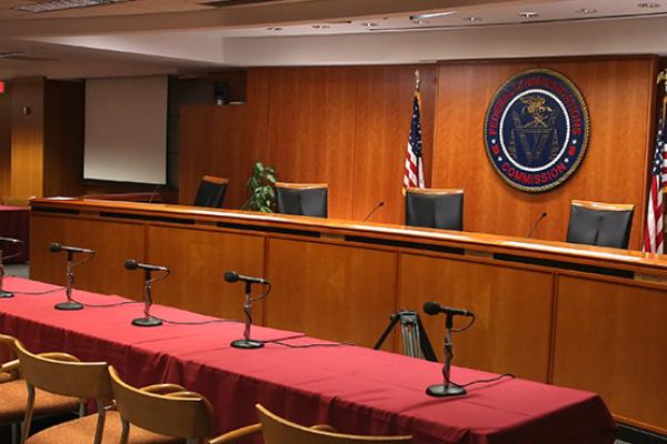 The hearing room at the Federal Communications Commission headquarters. Washington, DC. February 26, 2015.