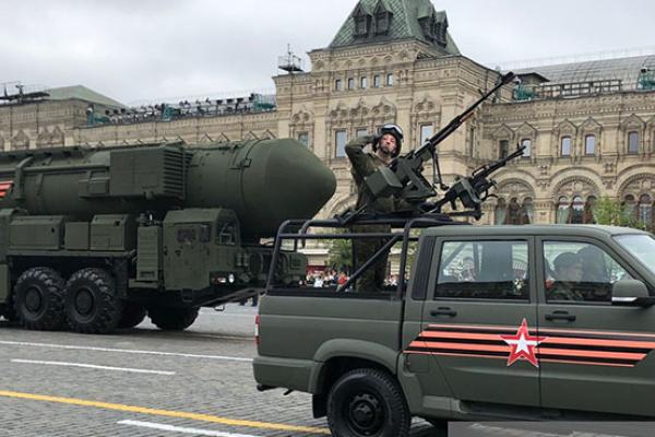 Russian Yars ballistic nuclear missiles on mobile launchers roll through Red Square during the Victory Day military parade rehearsals on May 6, 2018 in Moscow, Russia. (Mikhail Svetlov/Getty Images)