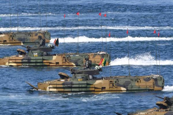 South Korean Marine's assault amphibious vehicles (KAAV) participate in the 73rd Armed Forces Day on October 1, 2021, in Pohang, South Korea. (Getty Images)