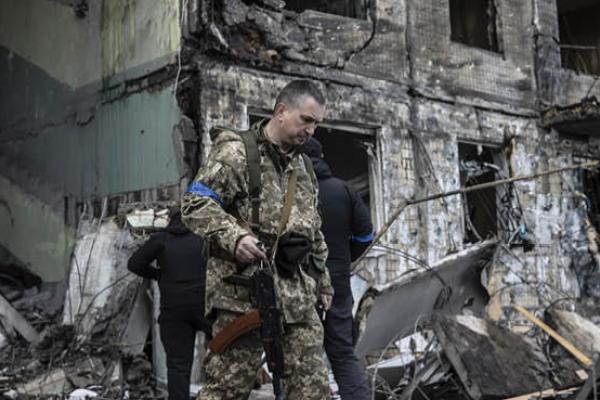 A view of destruction after an apartment building was hit by a Russian attack in Kyiv, Ukraine, on March 14, 2022. (Getty Images)