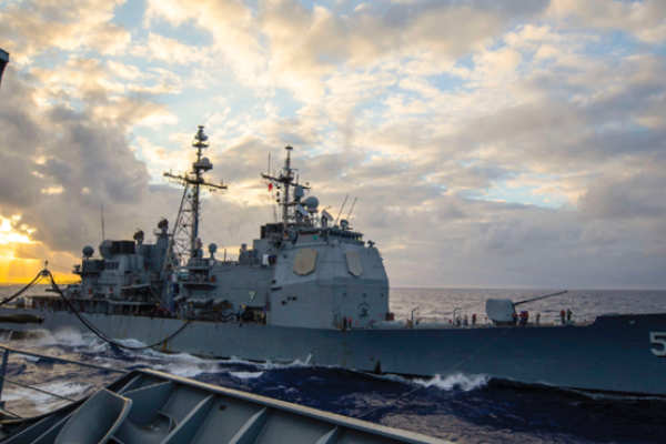 Australian Navy vessel HMAS <i>Supply</i> conducts replenishment at sea with US Navy cruiser USS <i>Mobile Bay</i> during RIMPAC 2022. (LSIS Ernesto Sanchez/Australian Defense Force)