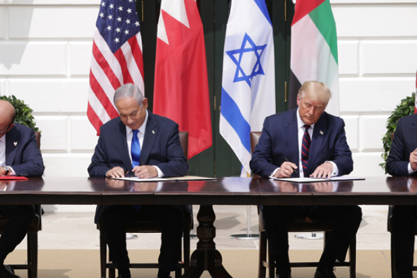 The signing ceremony of the Abraham Accords on the South Lawn of the White House on September 15, 2020, in Washington, DC. (Alex Wong/Getty Images)