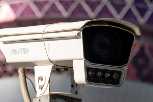 A Hikvision camera is seen in front of the Oriental Pearl Radio & Television Tower at Lujiazui Financial Centre on December 2, 2021, in Shanghai, China. (Wang Gang/VCG via Getty Images)