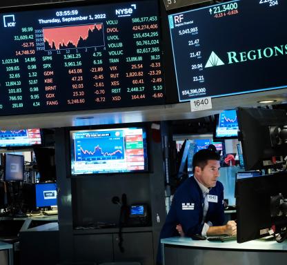 Traders work on the floor of the New York Stock Exchange (NYSE) on September 01, 2022 in New York City. 