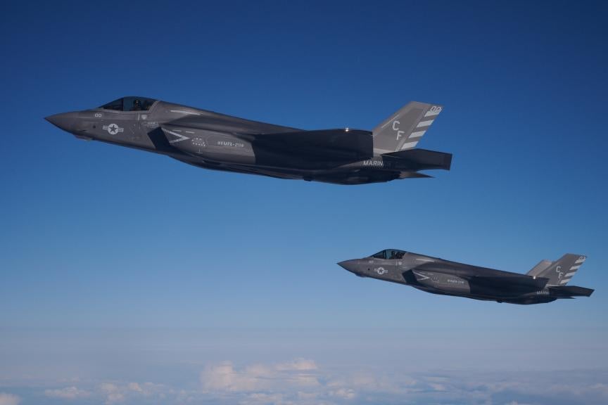Two F-35B combat aircraft from the United States Marine Corp depart after re-fueling from an RAF Voyager aircraft over the North Sea on October 08, 2020 in flight, above Scotland. 