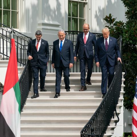 President Donald J. Trump, Minister of Foreign Affairs of Bahrain Dr. Abdullatif bin Rashid Al-Zayani, Israeli Prime Minister Benjamin Netanyahu and Minister of Foreign Affairs for the United Arab Emirates Abdullah bin Zayed Al Nahyan walk to sign the Abraham Accords Tuesday, Sept. 15, 2020, on the South Lawn of the White House. (Official White House Photo Andrea Hanks)