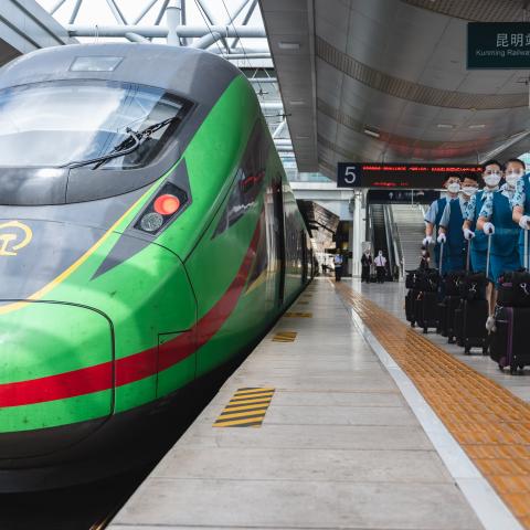  Stewards of China Railway Kunming Bureau Group in Kunming, Yunnan Province, China, on June 2, 2022. A landmark project under the Belt and Road Initiative, the railway connects Kunming with Vientiane, Laos. (Photo by Wang Guansen/Xinhua via Getty Images)