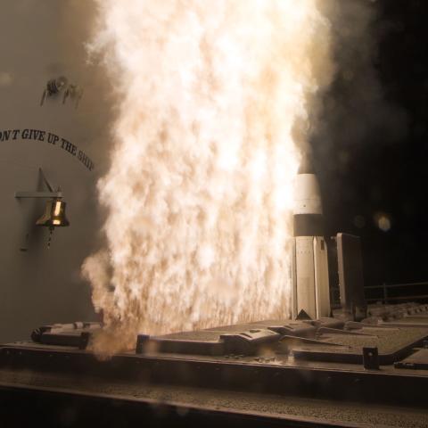 A Standard Missile-3 (SM-3) Block 1A interceptor is launched from the guided-missile cruiser USS Lake Erie (CG 70) during a Missile Defense Agency and U.S. Navy test in the Pacific Ocean. The SM-3 Block 1A successfully intercepted a target missile that had been launched from the Pacific Missile Range Facility, Barking Sands, Kauai, Hawaii. (U.S. Navy photo/Released)