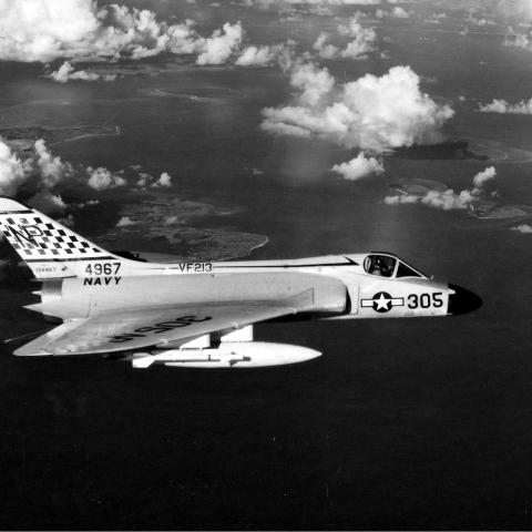 A U.S. Navy Douglas F4D-1 Skyray (BuNo 134967) from Fighter Squadron VF-213 "Black Lions" in flight. VF-213 was assigned to Carrier Air Group 21 (CVG-21) aboard the aircraft carrier USS Lexington (CVA-16) for a deployment to the Western Pacific from 14 July to 19 December 1958.