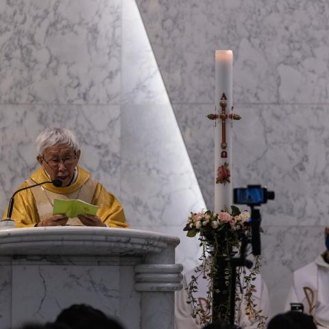Cardinal Joseph Zen holds a mass at the Holy Cross Church on May 24, 2022, in Hong Kong, China. (Louise Delmotte via Getty Images)