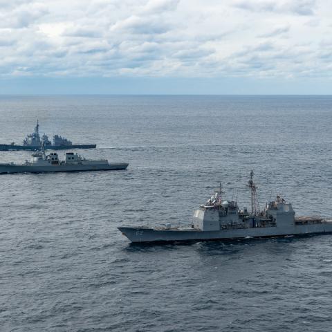 Ships from the U.S., Japan and Republic of Korea conducted a trilateral ballistic missile defense exercise in the Sea of Japan, Oct. 6. The ships included Ticonderoga-class guided-missile cruiser USS Chancellorsville (CG 62) and Arleigh Burke-class