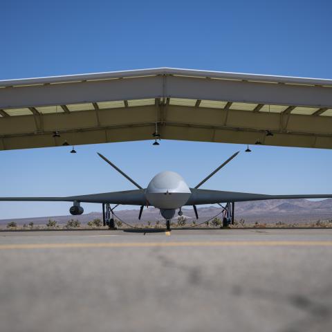 A General Atomics MQ-20 Avenger unmanned vehicle prepares to start up at El Mirage Airfield, Calif. June 24, 2021. The Skyborg team conducted a multiple-hour flight test of the Skyborg Autonomy Core System aboard the General Atomics MQ-20 Avenger unmanned vehicle during Edwards Air Force Base’s Orange Flag 21-2. (U.S. Air Force photo by Staff Sgt. Tabatha Arellano)
