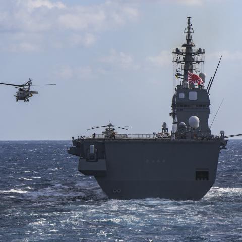 Japanese Maritime Self-Defense Force (JMSDF) Hyūga-class helicopter destroyer JS Hyūga (DDH 181) launches an MH-60J Seahawk helicopter during training. Operating as part of U.S. Pacific Fleet, units assigned to Carl Vinson and Abraham Lincoln Carrier Strike Groups, America and Essex Amphibious Ready Groups, alongside JMSDF, are conducting training to preserve and protect a free and open Indo-Pacific region. (Photo by Intelligence Specialist 1st Class Jeremy Faller)