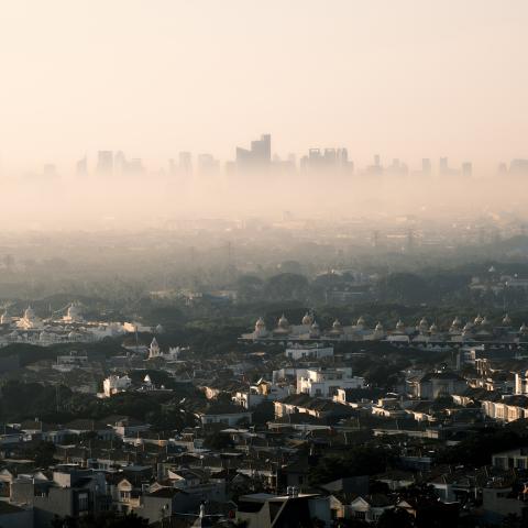 High angle view of city buildings against sky,Jakarta,Indonesia - stock photo