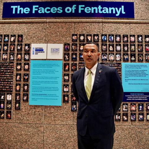 Ray Donovan, Chief of Operations of the Drug Enforcement Administration, stands in front of "The Faces of Fentanyl" wall, which displays photos of Americans who died of a fentanyl overdose, at the DEA headquarters in Arlington, Virginia, on July 13, 2022. (Agnes Bun/AFP via Getty Images)