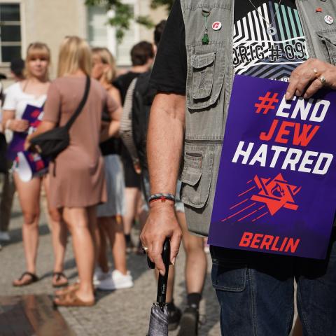 A banner reading "#End Jew Hatred" at a rally in Berlin, Germany, on July 25, 2021. (Jörg Carstensen/picture alliance via Getty Images) antisemitism