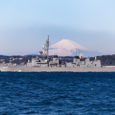 URAGA CHANNEL, Japan (February 17, 2016) – The Japan Maritime Self-Defense Force (JMSDF) Murasame-class destroyer JS Ikazuchi (DD-107) transits Uraga Channel in front of Mt. Fuji. (U.S. Navy photo by Lt. j.g. William McGough)  LEAVE A COMMENT