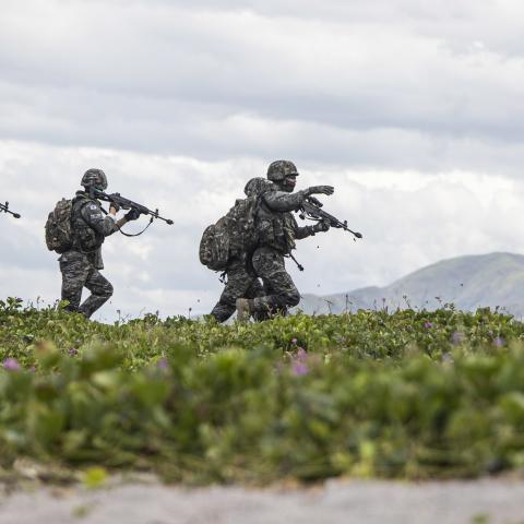Republic of Korea Marines patrol as part of amphibious operations during KAMANDAG 6 at Naval Education, Training, and Doctrine Command, Zambales, Philippines, Oct. 7, 2022. This combined interoperability event involved members of the U.S. Marine Corps, Philippine Marine Corps, and the Japan Ground Self-Defense Force. KAMANDAG is an annual bilateral exercise between the Armed Forces of the Philippines and U.S. military designed to strengthen interoperability, capabilities, trust, and cooperation built over d