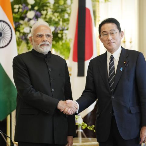TOKYO, JAPAN - SEPTEMBER 27: Indian Prime Minister Narendra Modi, left, poses for a photo with Japanese Prime Minister Fumio Kishida before their meeting at Akasaka Palace state guest house on September 27, 2022 at the Akasaka State Guest House in Tokyo, Japan. Dignitaries including several current and former heads of state are visiting Japan for the state funeral of former prime minister Shinzo Abe, which will be held on Tuesday. Abe was assassinated in July while campaigning on a street. (Photo by Hiro Ko