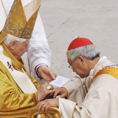 VATICAN CITY - MARCH 25: Newly appointed cardinal Joseph Zen Ze-Kiun, Archbishop of Hong Kong receives the cardinalitial ring from Pope Benedict XVI in Saint Peter's Square, March 25, 2006 in Vatican City. The Pontiff installed 15 new cardinals during the Consistory ceremony. (Photo by Franco Origlia - Getty Images)