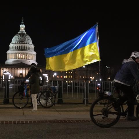 Pro-Ukraine demonstrators outside the US capital as President of Ukraine Volodomyr Zelensky addresses a joint meeting of Congress on December 21, 2022, in Washington, DC. (Drew Angerer/Getty Images)