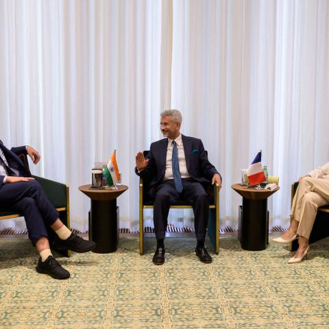 French Foreign Minister Catherine Colonna meets with United Arab Emirates Foreign Minister Abdullah bin Zayed Al Nahyan and Indian External Affairs Minister Dr. S. Jaishankar during a trilateral ministerial meeting in New York, New York, on September 19, 2022. (Angela Weiss/AFP via Getty Images)