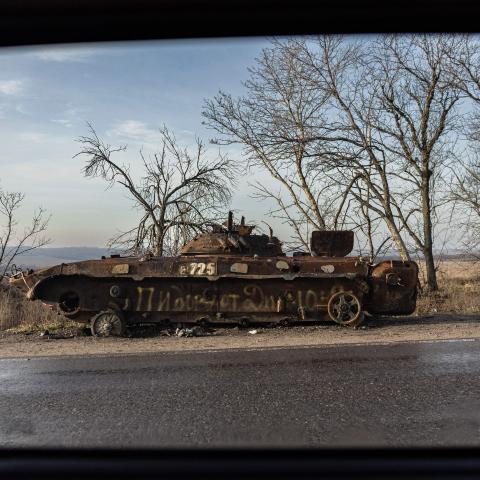 Destroyed Russian BMP infantry fighting vehicle in Donetsk, Ukraine, on January 2, 2023. (Sameer al-Doumy/AFP via Getty Images)