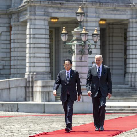 President Joe Biden and Japanese Prime Minister Kishida Fumio participate in an arrival ceremony, Monday, May 23, 2022, at Akasaka Palace in Tokyo. (Official White House Photo by Adam Schultz)