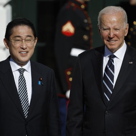 WASHINGTON, DC - JANUARY 13: U.S. President Joe Biden poses for photographs with Japanese Prime Minister Kishida Fumio after his arrival at the White House on January 13, 2023 in Washington, DC. Fumio is in Washington to meet with his counterparts during a round-the-world trip. (Photo by Chip Somodevilla/Getty Images)