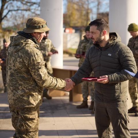 As part of a working trip to the de-occupied part of the Kherson region, President of Ukraine Volodymyr Zelenskyy presented state awards to the servicemen who distinguished themselves during the liberation of Kherson and the region.