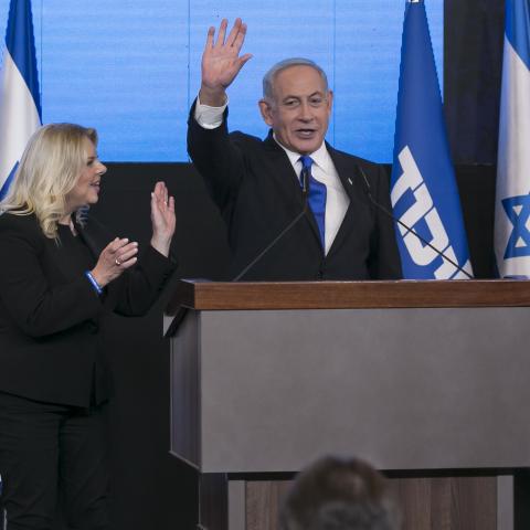 Benjamin Netanyahu and his wife Sara Netanyahu greet supporters at an election-night event on November 1, 2022, in Jerusalem, Israel. (Amir Levy/Getty Images)