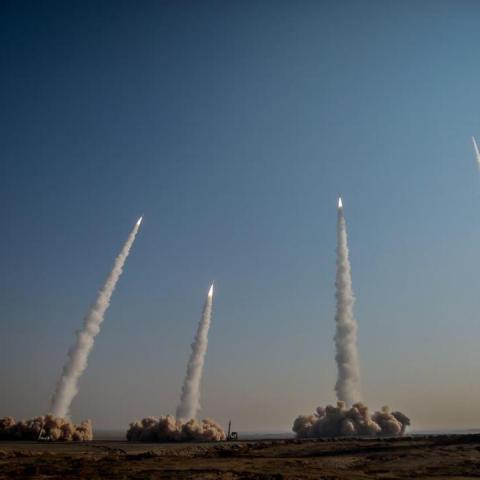 UNSPECIFIED, IRAN. - JANUARY 15: (----EDITORIAL USE ONLY MANDATORY CREDIT - "SEPAHNEWS/ HANDOUT" - NO MARKETING NO ADVERTISING CAMPAIGNS - DISTRIBUTED AS A SERVICE TO CLIENTS----) Members of the Islamic Revolutionary Guard Corps conduct a military drill with ballistic missiles and unmanned air vehicles at Great Salt Desert, in the middle of the Iranian Plateau, on January 15, 2021 in Iran. (Photo by Sepahnews/Handout/Anadolu Agency via Getty Images)