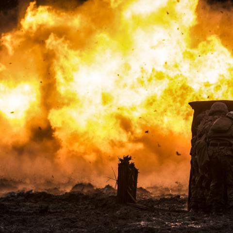  Marines detonate a timber charge during a demolition and explosive training exercise at the ETA-7 engineer demolition training range on Marine Corps Base Camp Lejeune, North Carolina, on January 11, 2018. (US Marine Corps photo by Pfc. Ginnie Lee)