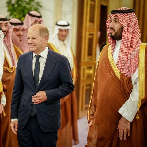 German Chancellor Olaf Scholz and Crown Prince of Saudi Arabia Mohammed bin Salman at Al Salam Palace in Saudi Arabia on September 24, 2022. (Kay Nietfeld/Picture Alliance via Getty Images)