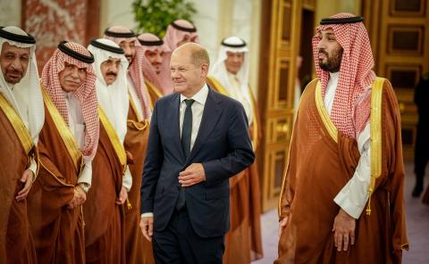 German Chancellor Olaf Scholz and Crown Prince of Saudi Arabia Mohammed bin Salman at Al Salam Palace in Saudi Arabia on September 24, 2022. (Kay Nietfeld/Picture Alliance via Getty Images)