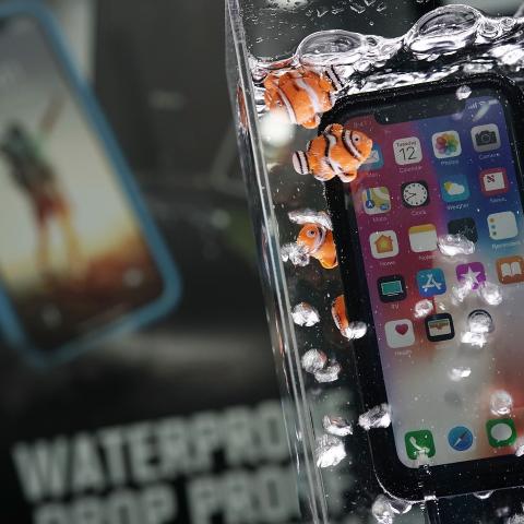 LAS VEGAS, NV - JANUARY 07: A Catalyst waterproof case for iPhone, with 33ft waterproof protection, is displayed during a press event for CES 2018 at the Mandalay Bay Convention Center on January 7, 2018 in Las Vegas, Nevada. CES, the world's largest annual consumer technology trade show, runs from January 9-12 and features about 3,900 exhibitors showing off their latest products and services to more than 170,000 attendees. (Photo by Alex Wong/Getty Images)