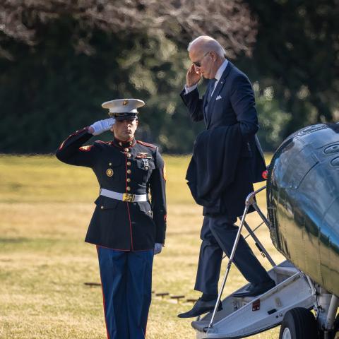 President Joe Biden disembarks Marine One on the South Lawn of the White House, Monday, January 16, 2023, after his trip to Wilmington, Delaware. (Official White House Photo by Adam Schultz)