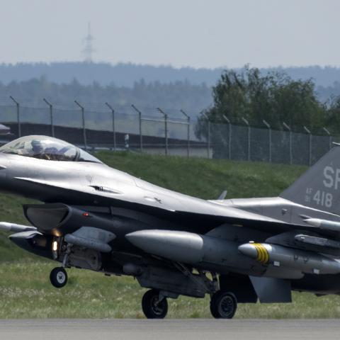A U.S. Air Force F-16 Fighting Falcon aircraft assigned to the 480th Fighter Squadron, lands at Spangdahlem Air Base, Germany, April 30, 2022 after a three-month rotational deployment at Fetesti Air Base, Romania. Since 2014, the NATO Alliance has implemented assurance measures through enhanced Air Policing, with the goal to secure regional stability and assure Allies. (U.S. Air Force photo by Tech. Sgt. Anthony Plyler)