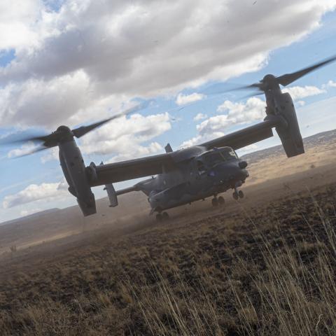 A CV-22 Osprey from the 71st Special Operations Squadron takes off after landing on a designated landing zone in Albuquerque, New Mexico, December 29, 2022. The 71st SOS regularly conducts training flights as part of their mission to train warriors, professionalize Airmen, and employ airpower. (U.S. Air Force photo by A1C Ruben Garibay)