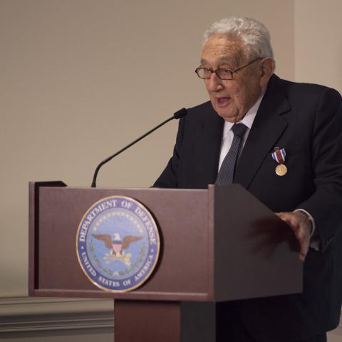 Dr. Henry A. Kissinger delivers remarks during an award ceremony hosted by the Secretary of Defense at the Pentagon honoring him for his years of distinguished public service May 9, 2016. Dr. Kissinger was presented with the Department of Defense Medal for Distinguished Public Service.(DoD photo by Senior Master Sgt. Adrian Cadiz)(Released)