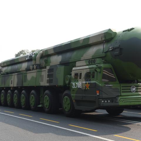 A formation of Dongfeng-41 nuclear missiles takes part in a military parade celebrating the seventieth anniversary of the founding of the People's Republic of China in Beijing, China, October 1, 2019. (Photo by Xia Yifang/Xinhua via Getty Images)