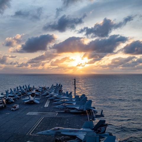 230204-N-MJ302-1255 SOUTH CHINA SEA (Feb. 4, 2023) The aircraft carrier USS Nimitz (CVN 68) transits the South China Sea. Nimitz is in U.S. 7th Fleet conducting routine operations. 7th Fleet is the U.S. Navy's largest forward-deployed numbered fleet, and routinely interacts and operates with Allies and partners in preserving a free and open Indo-Pacific region. (U.S. Navy photo by Mass Communication Specialist 2nd Class David Rowe)