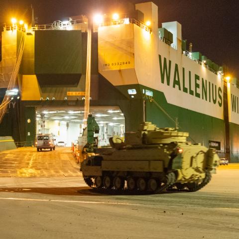 A Bradley Fighting Vehicle due for Ukraine loads onto the ARC Integrity on January 25, 2023, in North Charleston, South Carolina. (US Transportation Command photo by Oz Suguitan)
