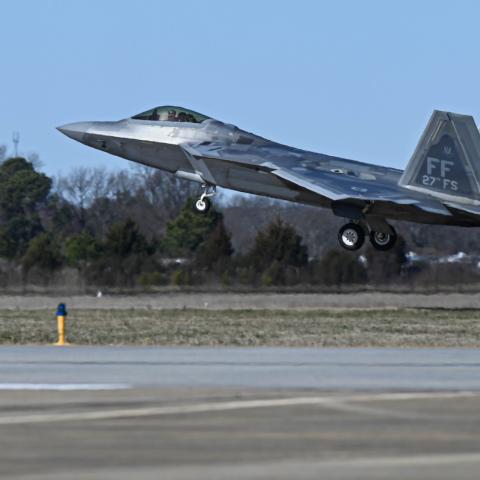 A U.S. Air Force pilot takes off in an F-22 Raptor at Joint Base Langley-Eustis, Virginia, Feb. 4, 2023. Active duty, Reserve, National Guard, and civilian personnel planned and executed the operation, and partners from the U.S. Coast Guard, Federal Aviation Administration, and Federal Bureau of Investigation ensured public safety throughout the operation and recovery efforts. (U.S. Air Force photo by Airman 1st Class Mikaela Smith)