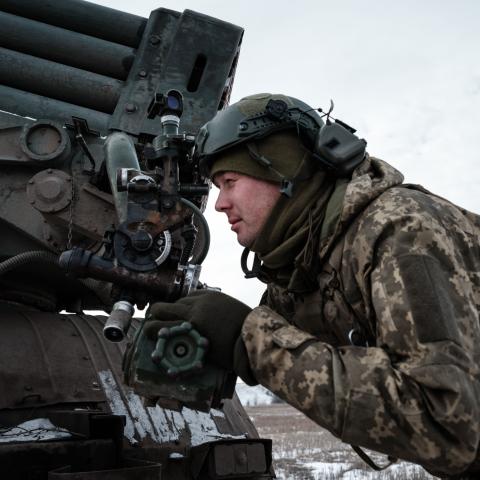 A Ukrainian artilleryman confirms targets near Bakhmut, Ukraine, on February 7, 2023. (Yasuyoshi Chiba/AFP via Getty Images)
