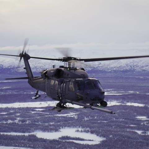Alaska Air National Guardsmen with the 210th Rescue Squadron maneuver an HH-60G Pave Hawk helicopter over the Lower Susitna Valley near Anchorage, Alaska, Feb. 7, 2023. The HH-60G along with the 211th RQS HC-130J Combat King II aircraft and rescue personnel from the 212th RQS sit alert for the federal search and rescue mission across Alaska’s vast Arctic region. The HC-130J’s aerial refueling capability significantly extends the HH-60G Pave Hawk’s range for conducting search and recovery missions. (Alaska N