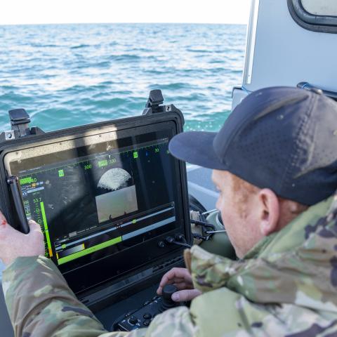 ATLANTIC OCEAN (Feb. 7, 2023) A Sailor assigned to Explosive Ordnance Disposal Group 2 conducts a search for debris with an underwater vehicle during recovery efforts of a high-altitude balloon in the Atlantic Ocean, Feb. 7, 2023. At the direction of the President of the United States and with the full support of the Government of Canada, U.S. fighter aircraft under U.S. Northern Command authority engaged and brought down a high altitude surveillance balloon within sovereign U.S. airspace and over U.S. terr