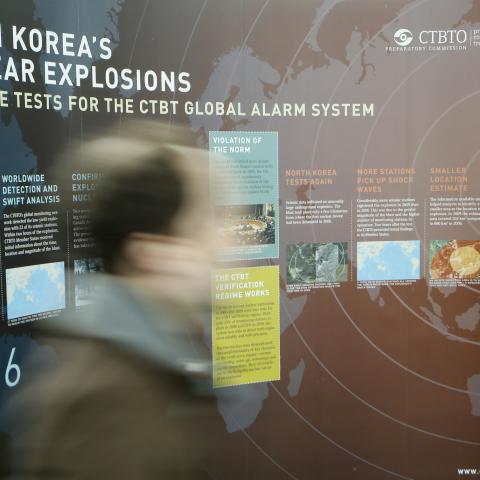 A poster of the Comprehensive Nuclear-Test-Ban Treaty Organization (CTBTO) concerning nuclear tests of North Korea is seen on February 12, 2013 at the CTBTO headquarters in Vienna. Iran hinted Tuesday that inspection of the Parchin military site by the International Atomic Energy Agency would be possible in the context of a "comprehensive agreement" that recongnises its right to peaceful nuclear energy. AFP PHOTO / DIETER NAGL (Photo credit should read DIETER NAGL/AFP via Getty Images)