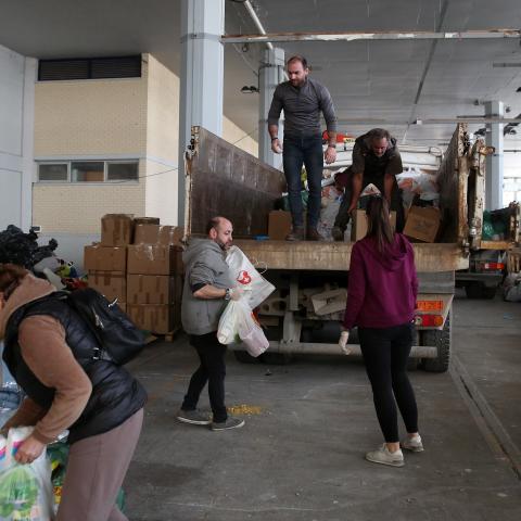Donations collected for earthquake victims of Turkiye in Athens, Greece, on February 14, 2023. (Costas Baltas/Anadolu Agency via Getty Images)